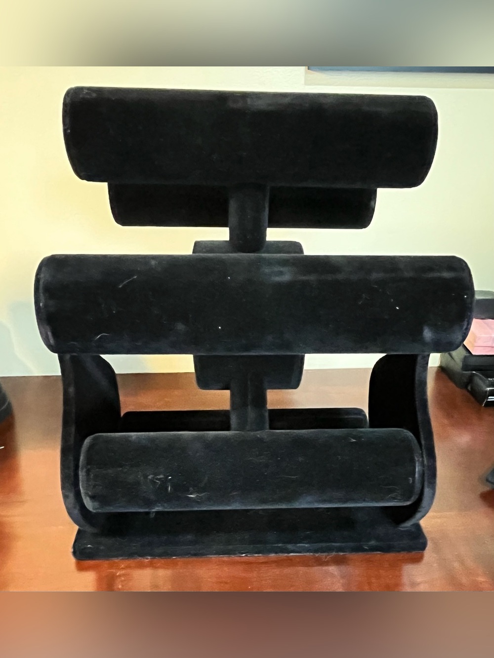 Black Velvet Jewelry Display Stand in Unique Paddle Wheel Design
